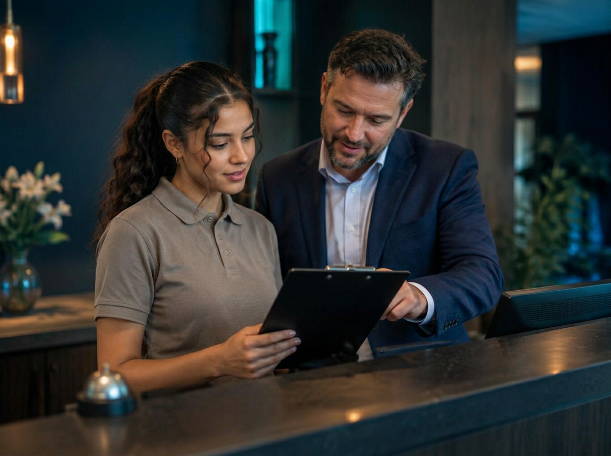 Student bekijkt samen met haar praktijkopleider de voorbereiding achter de hotelreceptie